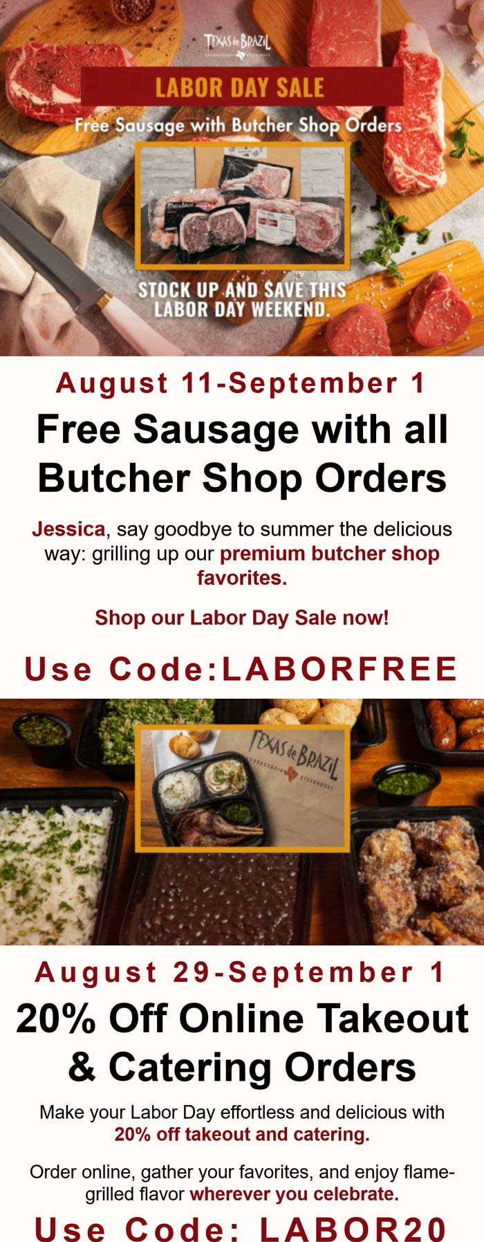 Texas de Brazil restaurants Coupon  20% off takeout & more at Texas de Brazil restaurants via promo code LABOR20 #texasdebrazil 