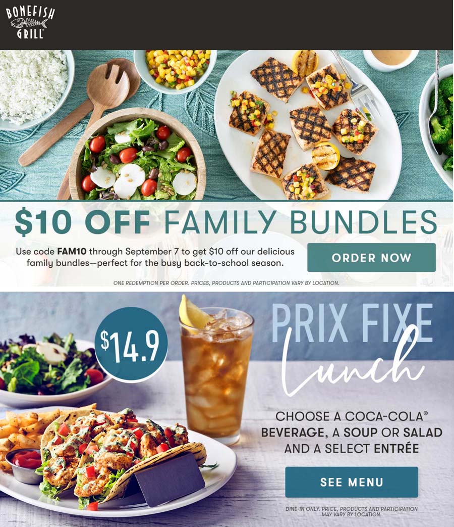 Bonefish Grill restaurants Coupon  $10 off family bundle meal at Bonefish Grill via promo code FAM10 #bonefishgrill 