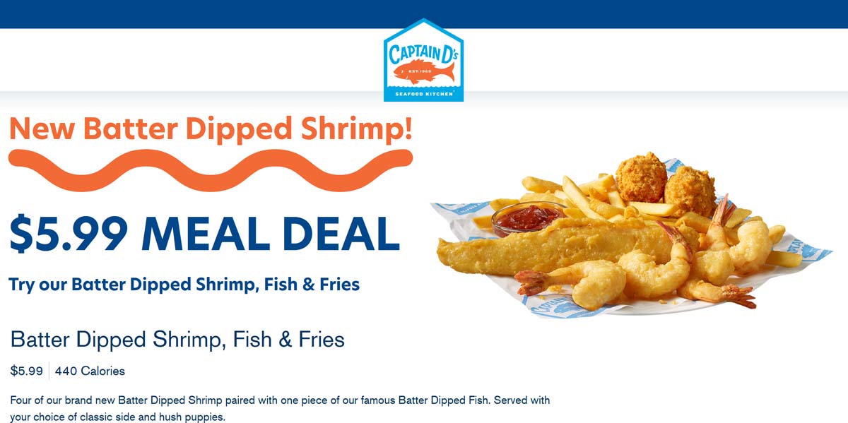 Captain Ds restaurants Coupon  Fried shrimp + fish + side + hush puppies = $6 at Captain Ds restaurants #captainds 
