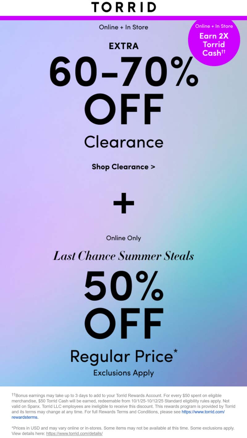 Torrid stores Coupon  50% off regular & 60% off clearance online at Torrid #torrid 