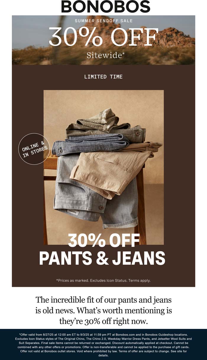 Bonobos stores Coupon  30% off everything at Bonobos #bonobos 
