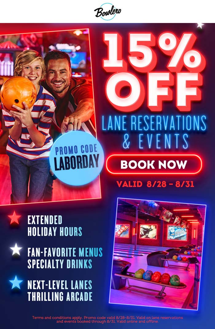 Bowlero stores Coupon  15% off bowling lanes at Bowlero via promo code LABORDAY #bowlero 