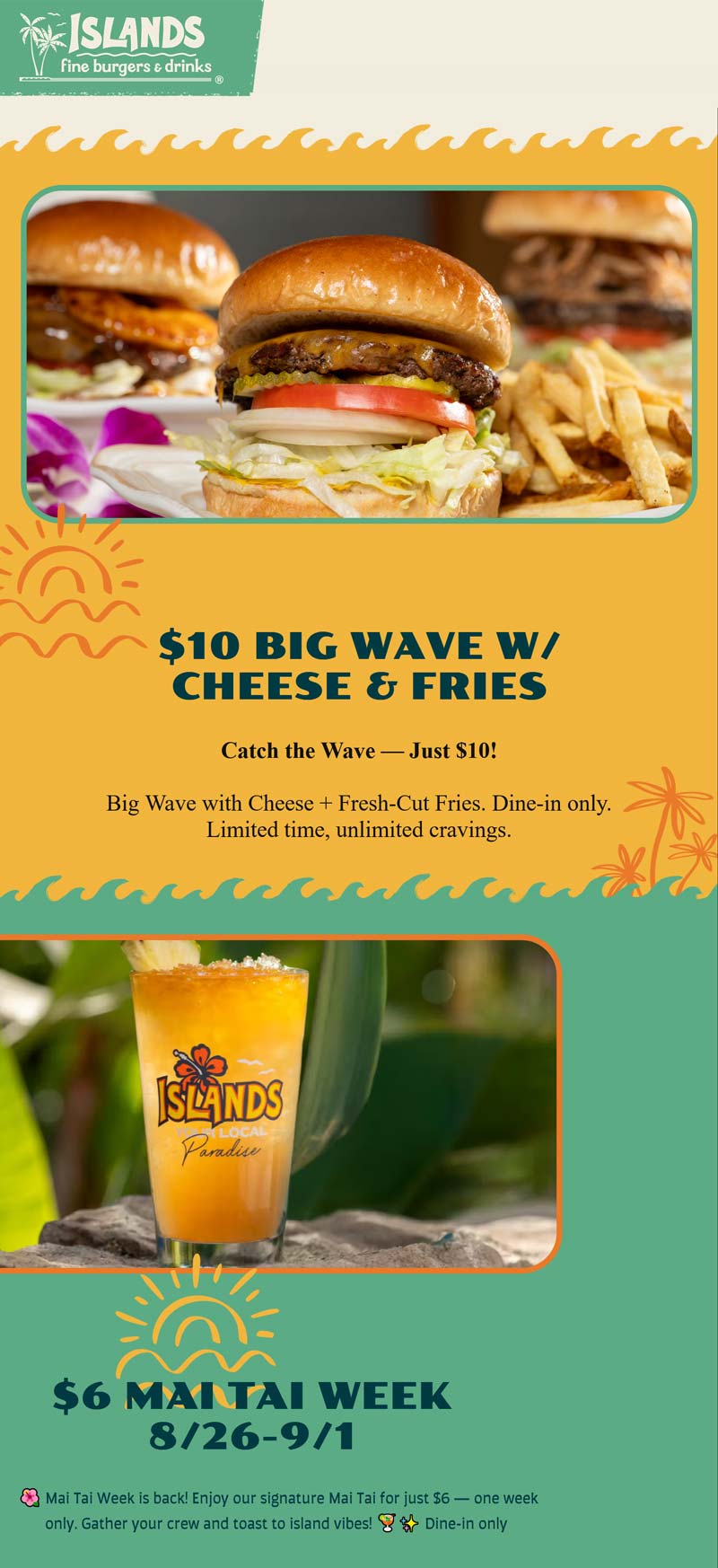 Islands restaurants Coupon  $10 cheeseburger & fries + $6 mai tais at Islands restaurants #islands 