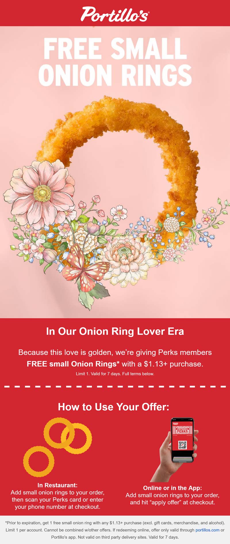 Portillos restaurants Coupon  Free onion rings on $1 at Portillos restaurants #portillos 