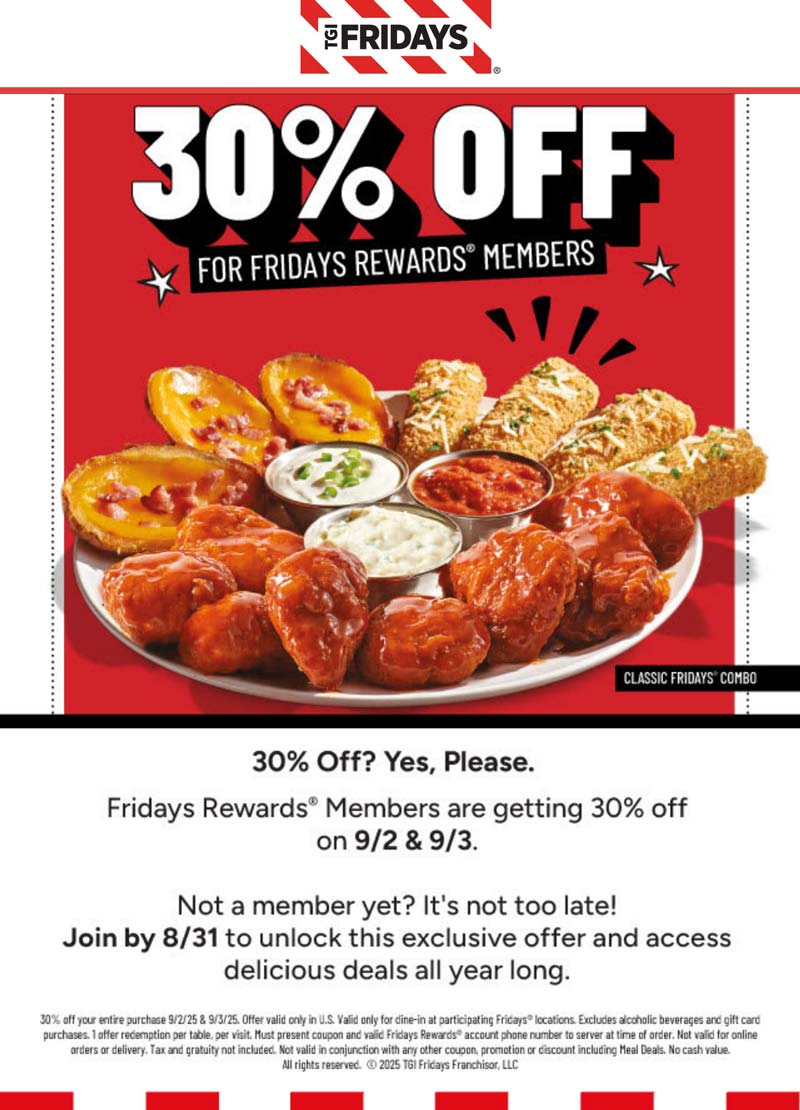TGI Fridays restaurants Coupon  30% off Tues & Weds at TGI Fridays restaurants #tgifridays 