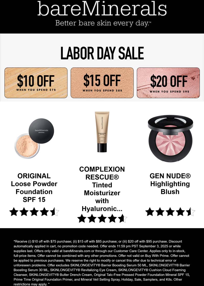 bareMinerals stores Coupon  $10-$20 off $75+ at bareMinerals #bareminerals 
