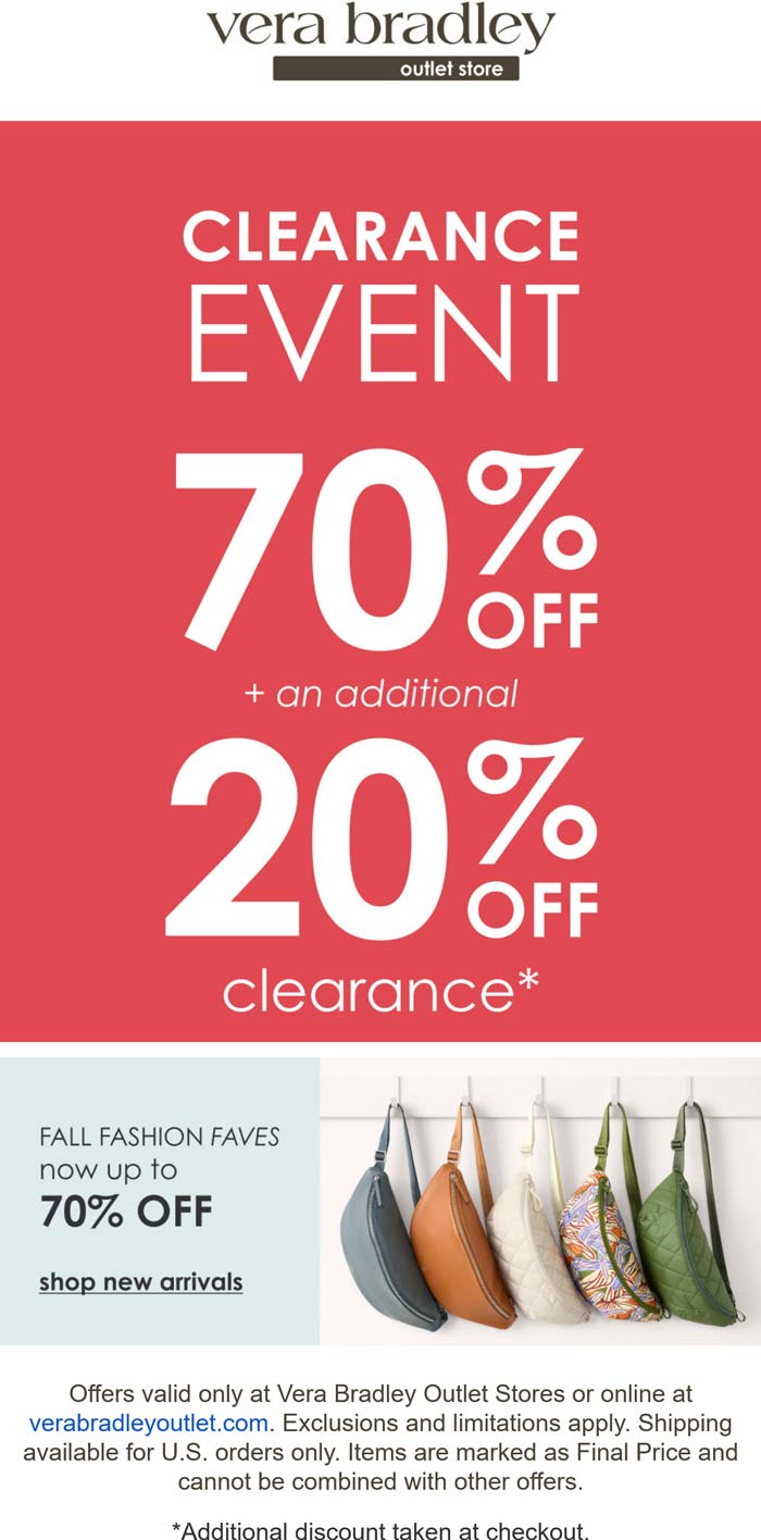 Vera Bradley Outlet stores Coupon  90% off clearance at Vera Bradley Outlet, ditto online #verabradleyoutlet 