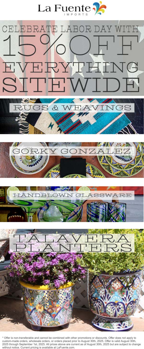 La Fuente Imports stores Coupon  15% off everything at La Fuente Imports home decor #lafuenteimports 