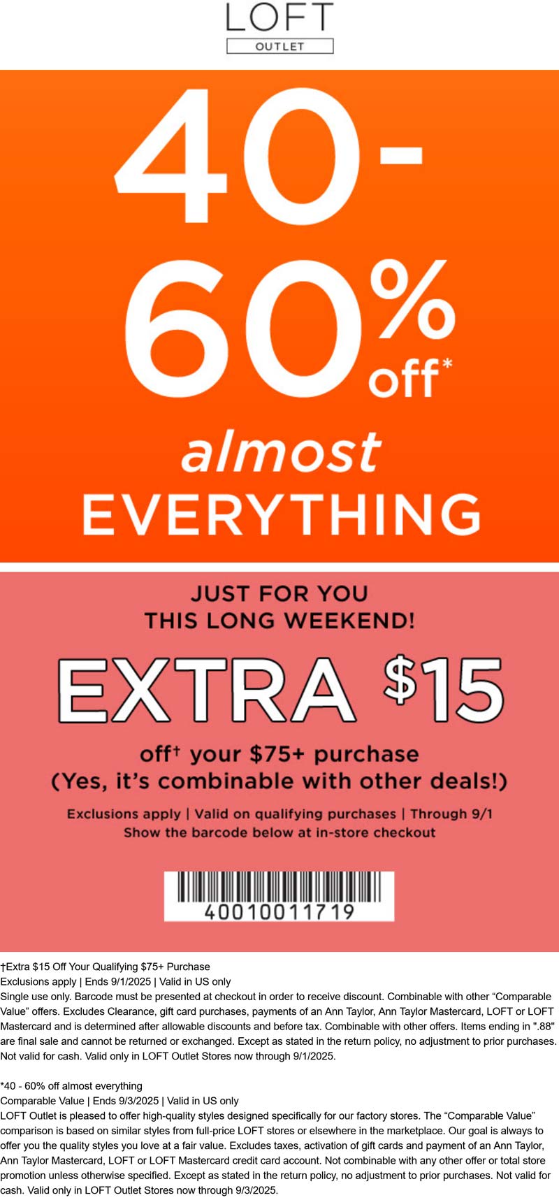 LOFT Outlet stores Coupon  40-60% off + another $15 off $75+ at LOFT Outlet #loftoutlet 