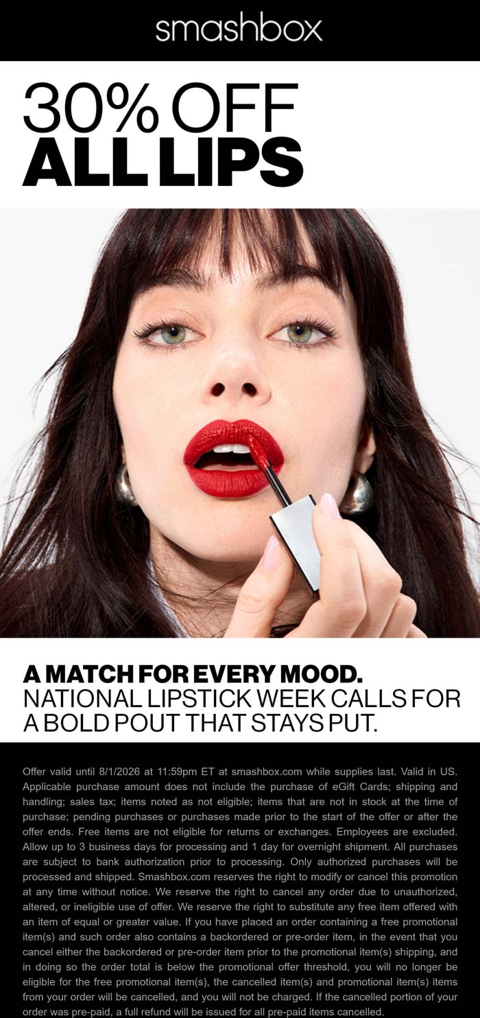Smashbox stores Coupon  30% off all lips today at Smashbox Cosmetics #smashbox 
