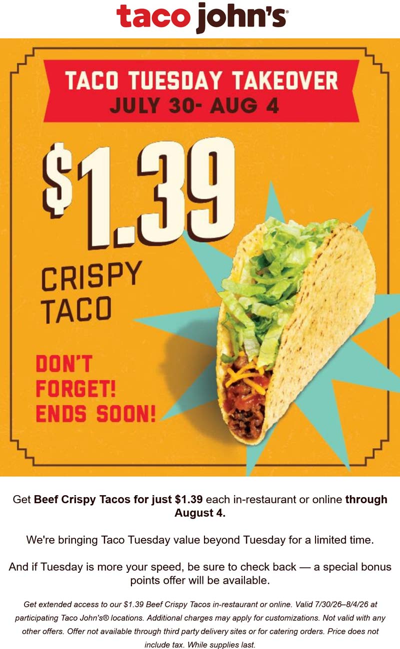 Taco Johns restaurants Coupon  $1.39 beef tacos at Taco Johns #tacojohns 