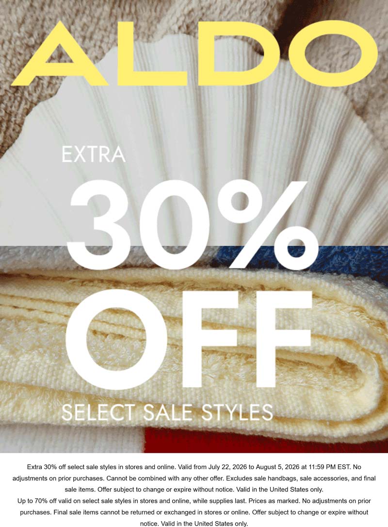 ALDO stores Coupon  Extra 30% off sale items at ALDO, ditto online #aldo 