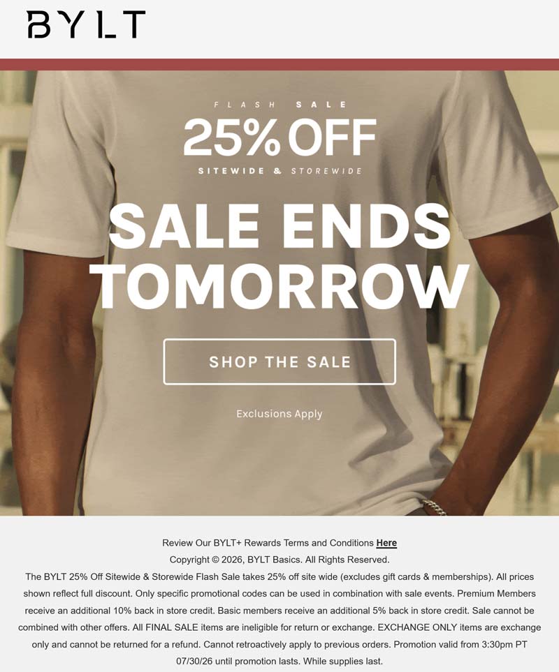 BYLT 25% off everything at BYLT, ditto online #bylt BYLT stores Coupon 25% off everything at BYLT, ditto online #bylt