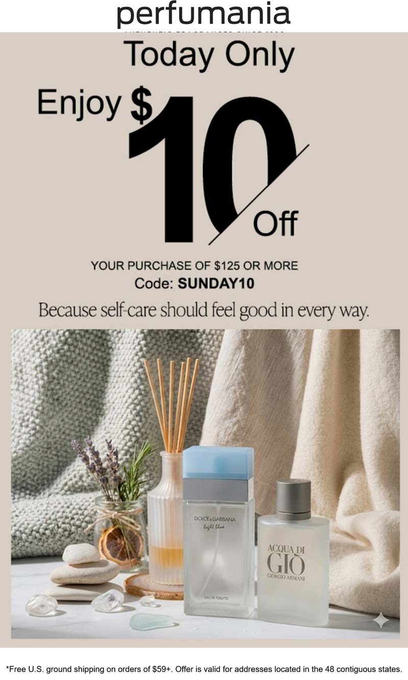 Perfumania stores Coupon  $10 off $125 today at Perfumania via promo code SUNDAY10 #perfumania 
