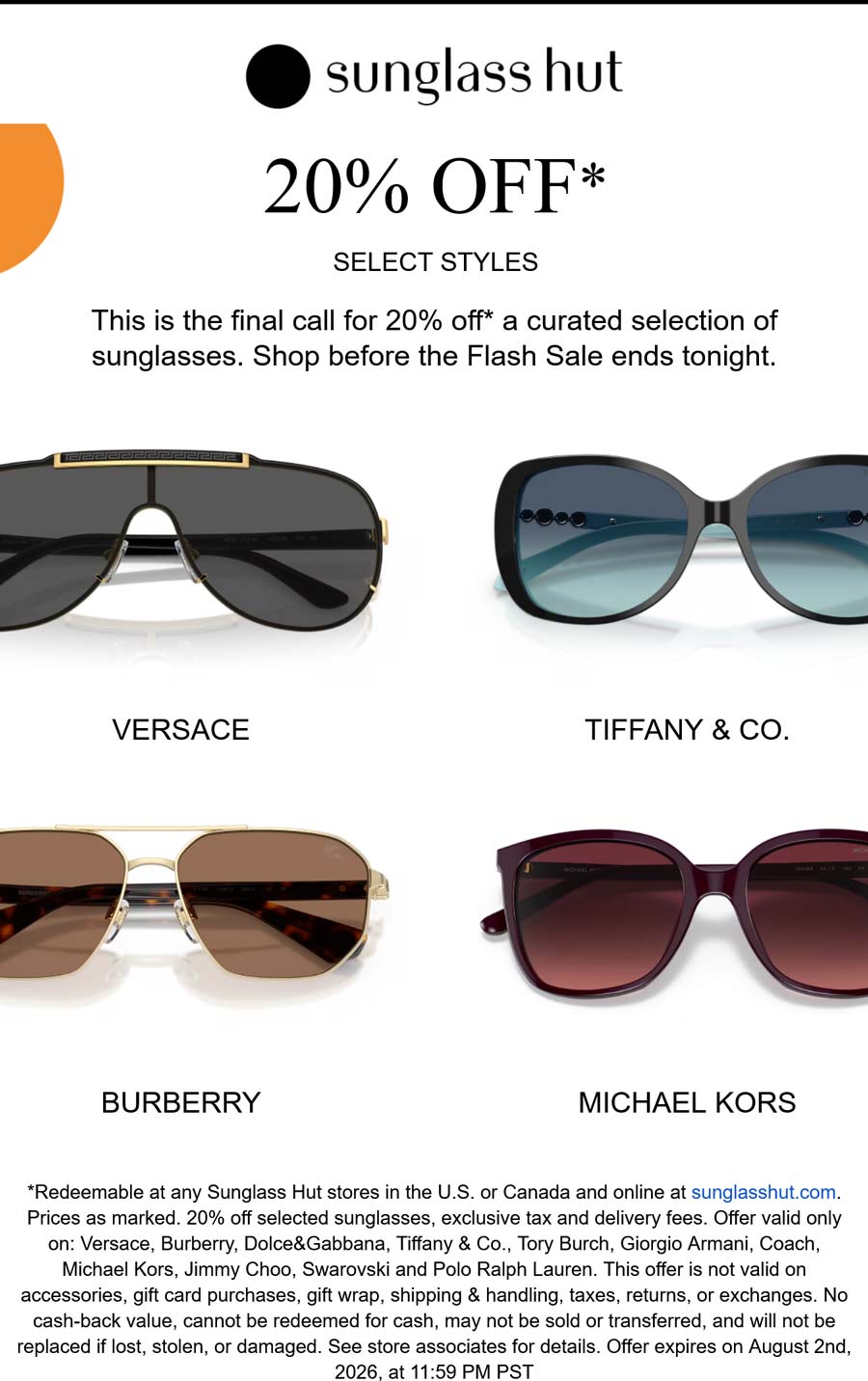 Sunglass Hut stores Coupon  20% off today at Sunglass Hut, also online #sunglasshut 