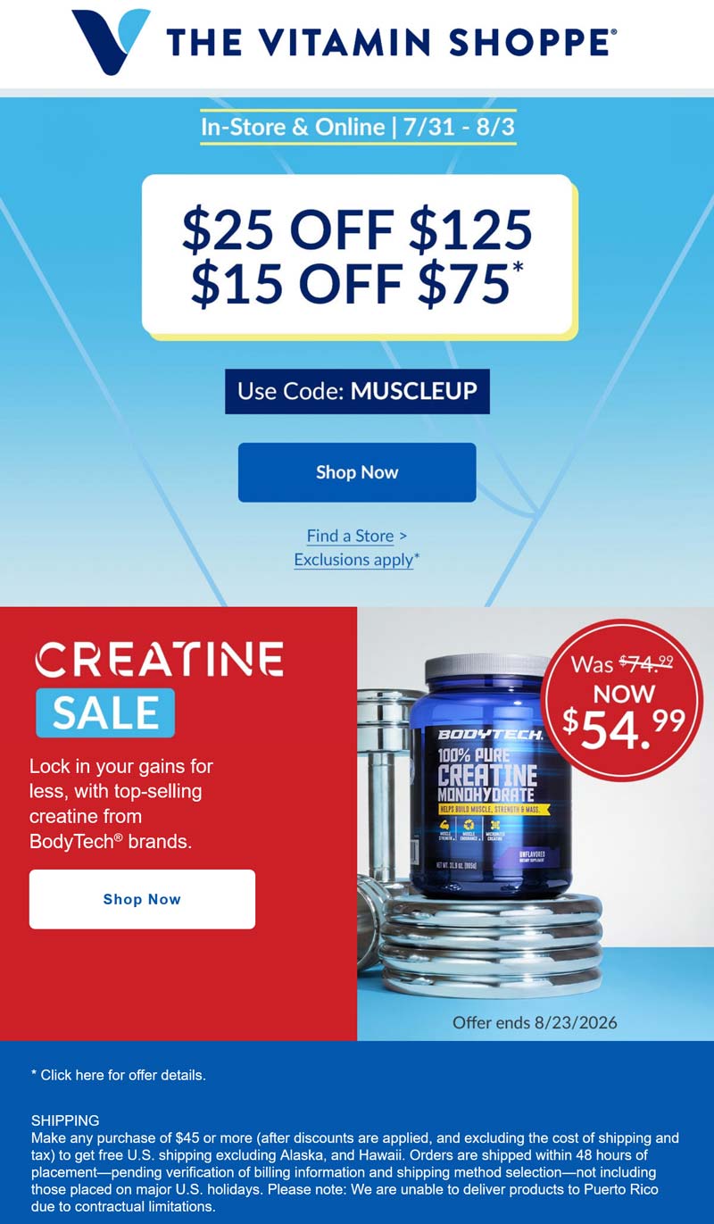 The Vitamin Shoppe stores Coupon  $15-$25 off $75+ at The Vitamin Shoppe via promo code MUSCLEUP #thevitaminshoppe 