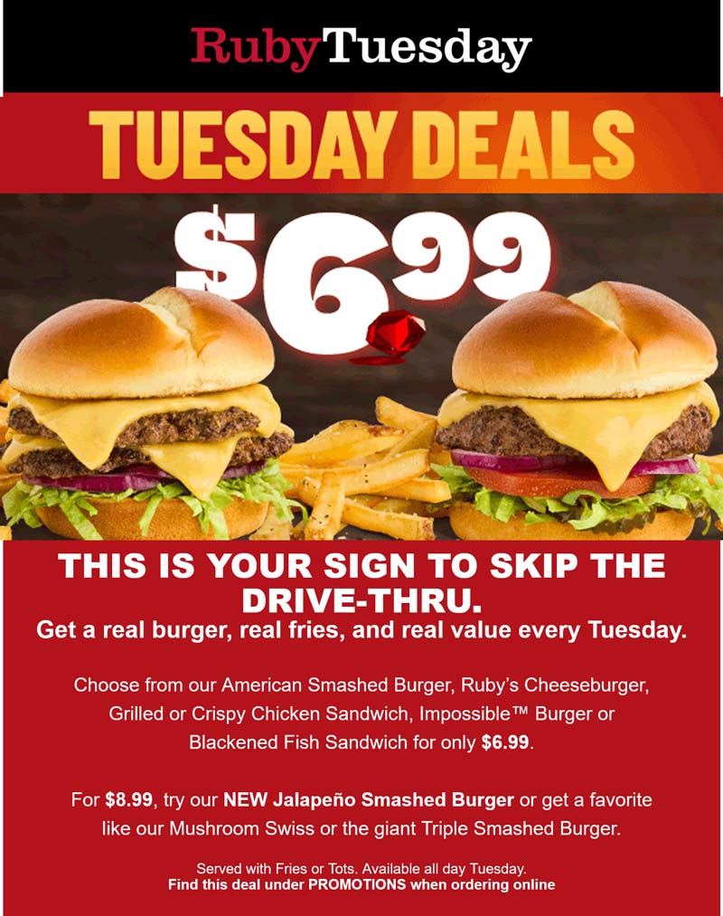 Ruby Tuesday restaurants Coupon  Cheeseburger + fries = $7 today at Ruby Tuesday #rubytuesday 