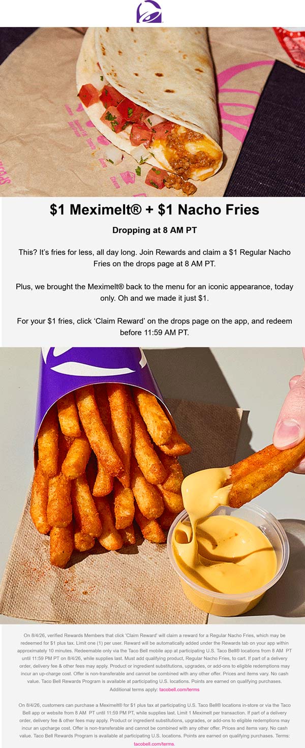 Taco Bell restaurants Coupon  $1 Meximelt & nacho fries today at Taco Bell #tacobell 