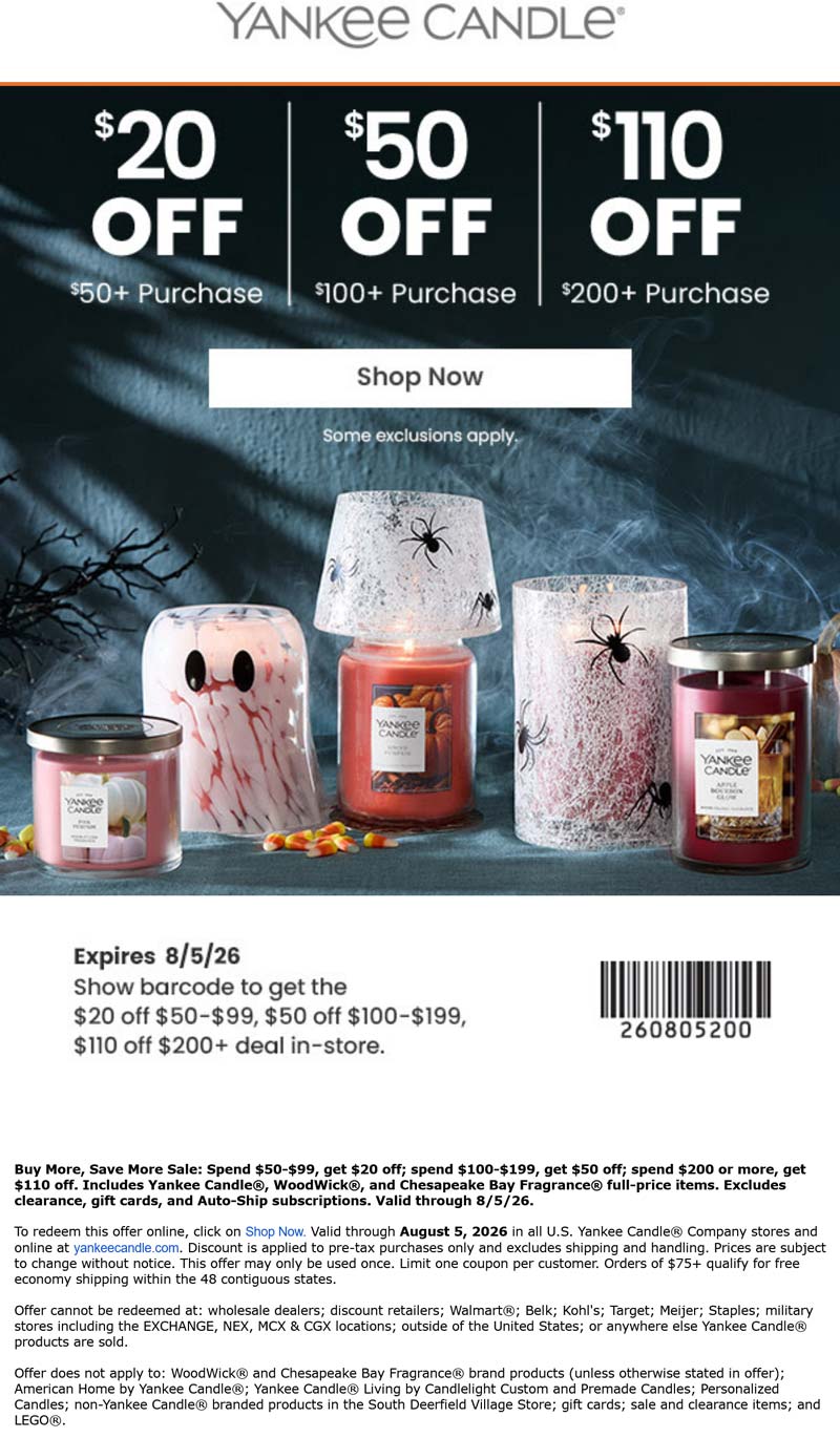 Yankee Candle stores Coupon  $20-$110 off $50+ at Yankee Candle, also online #yankeecandle 