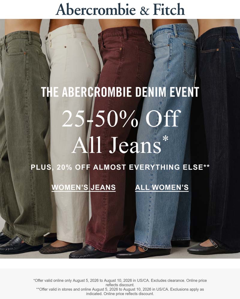 Abercrombie & Fitch stores Coupon  25-50% off jeans + 20% the rest at Abercrombie & Fitch #abercrombiefitch 