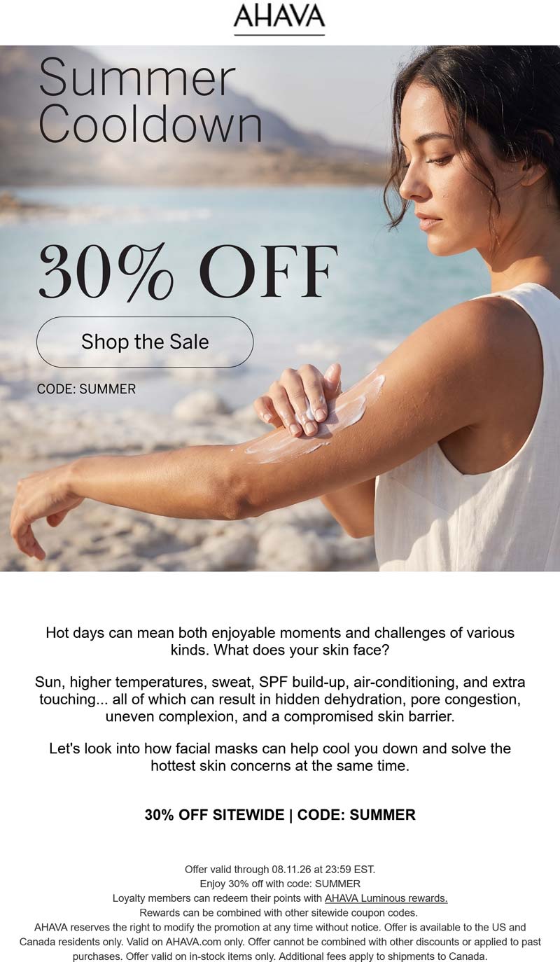 AHAVA 30% off at AHAVA via promo code SUMMER #ahava AHAVA stores Coupon 30% off at AHAVA via promo code SUMMER #ahava