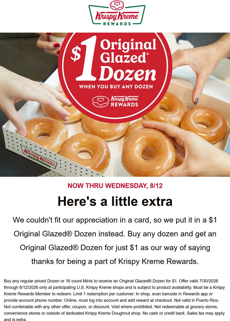 Krispy Kreme restaurants Coupon  Second dozen doughnuts = $1 via login at Krispy Kreme #krispykreme 