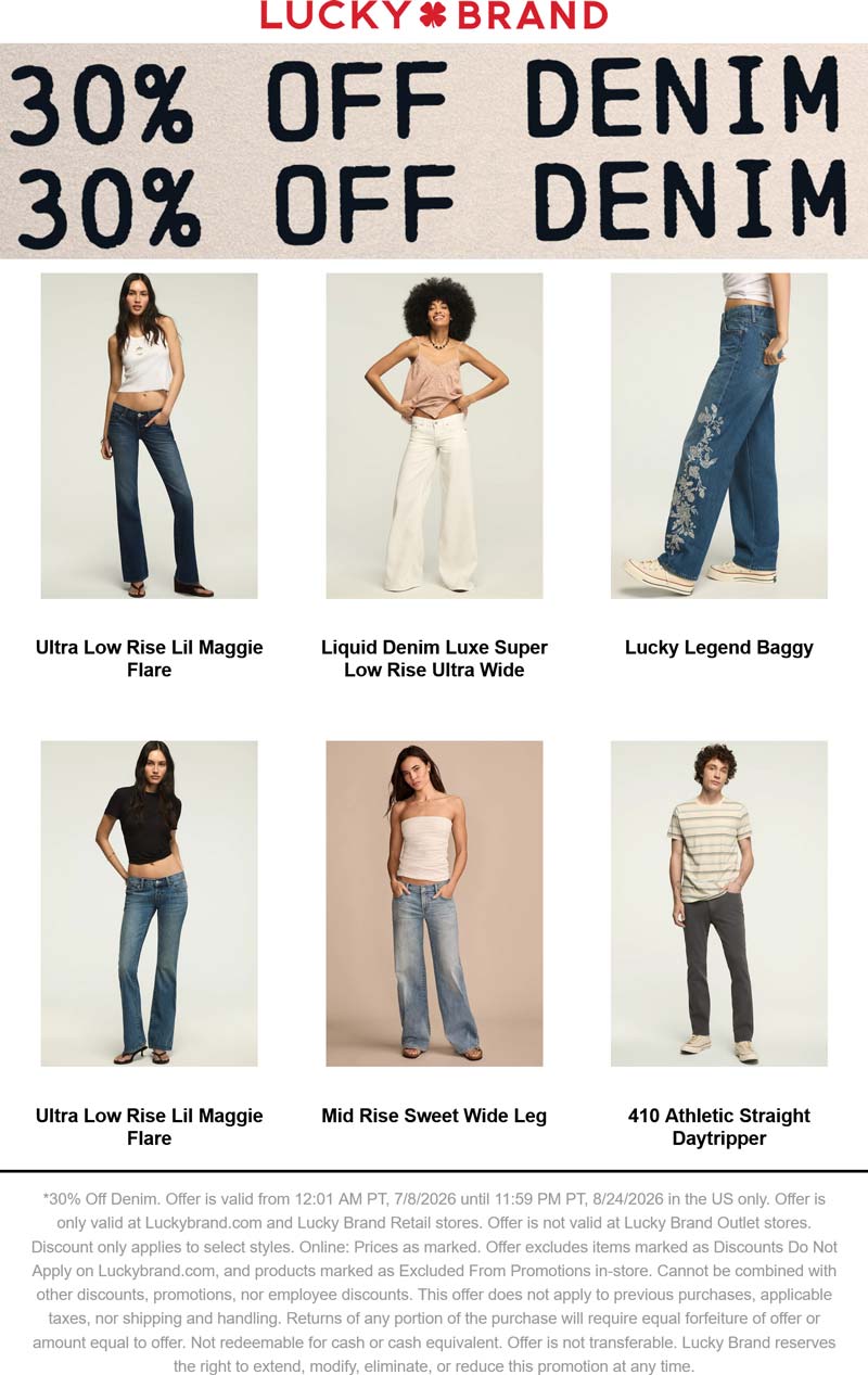 Lucky Brand stores Coupon  30% off denim at Lucky Brand, ditto online #luckybrand 