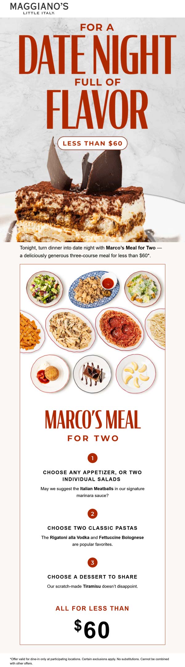 Maggianos Little Italy restaurants Coupon  Appetizer + 2 pasta entrees + dessert = $60 at Maggianos Little Italy #maggianoslittleitaly 