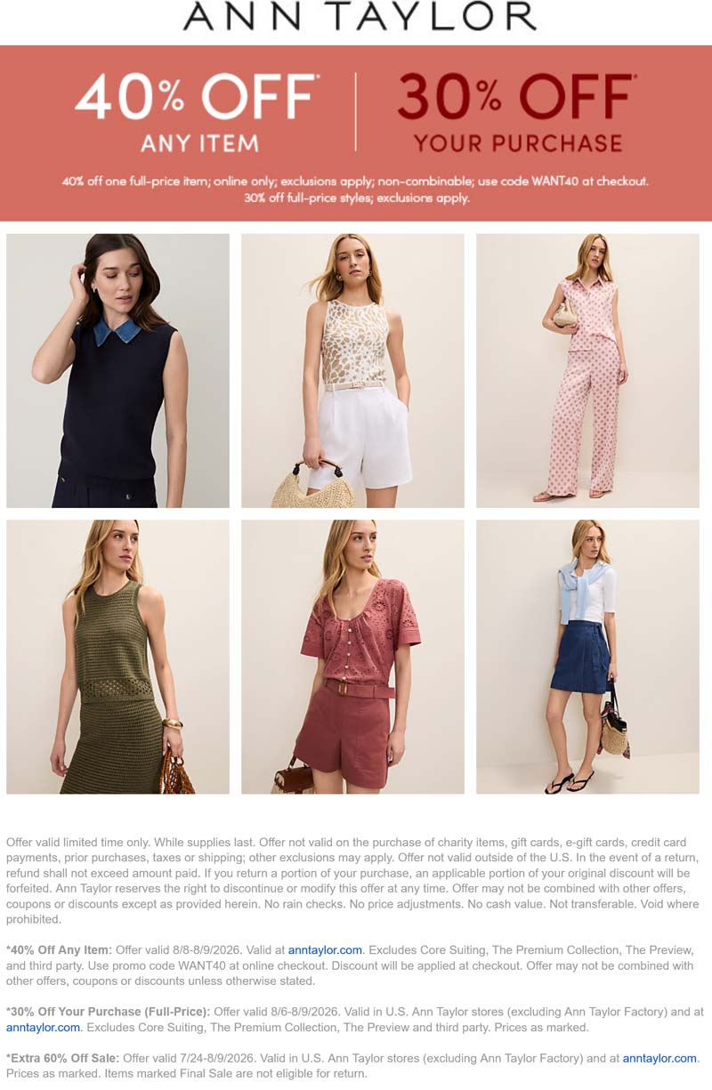 Ann Taylor stores Coupon  40% off a single item & 30% the rest today at Ann Taylor #anntaylor 