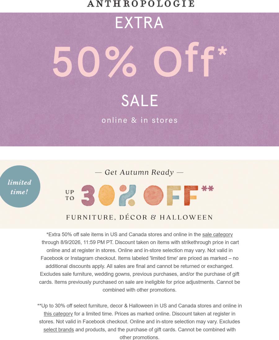 Anthropologie stores Coupon  Extra 50% off sale items today at Anthropologie #anthropologie 