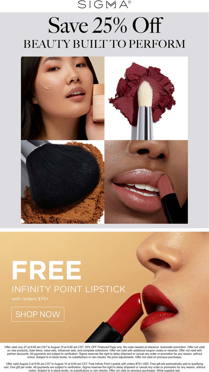 Sigma stores Coupon  25% off + free lipstick on $75 at Sigma beauty #sigma 