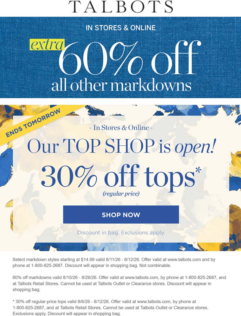 Talbots stores Coupon  Extra 60% off sale items at Talbots, ditto online #talbots 