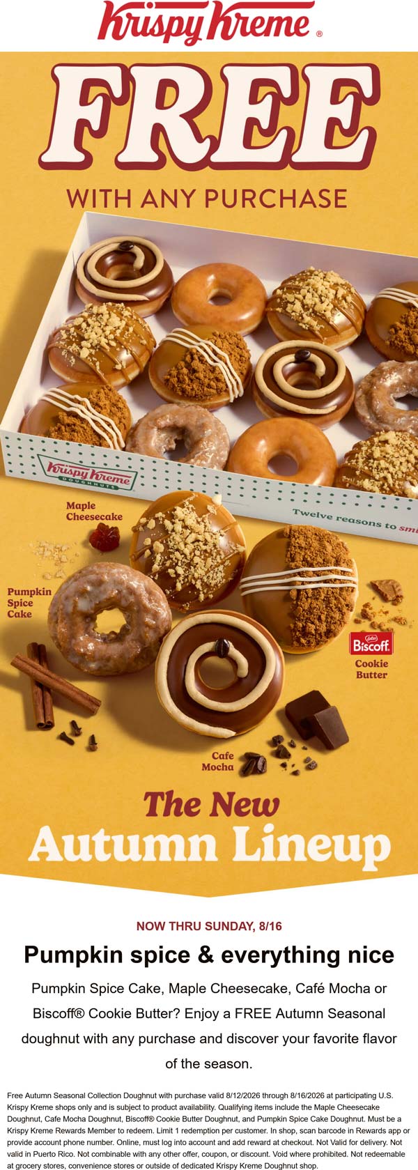 Krispy Kreme restaurants Coupon  Free pumpkin spice doughnut with your order via login at Krispy Kreme #krispykreme 