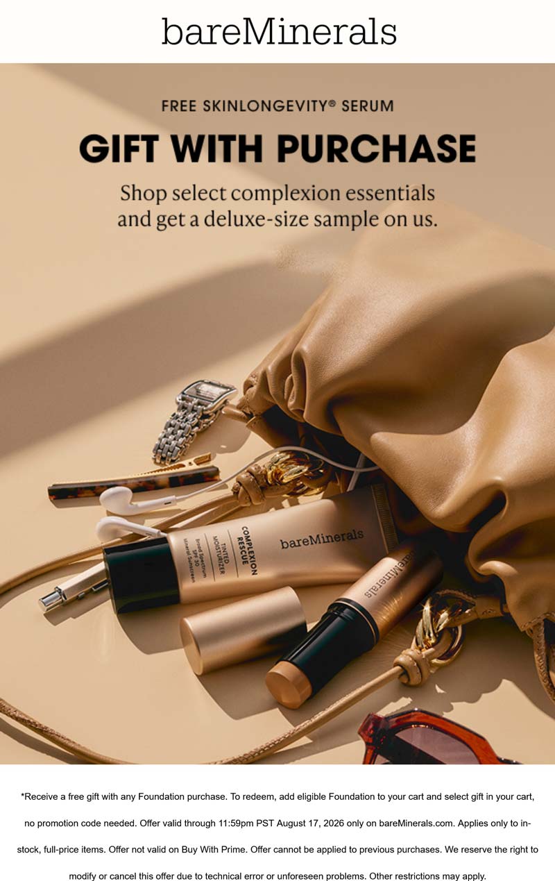 bareMinerals stores Coupon  Free gift with your complexion essentials at bareMinerals #bareminerals 
