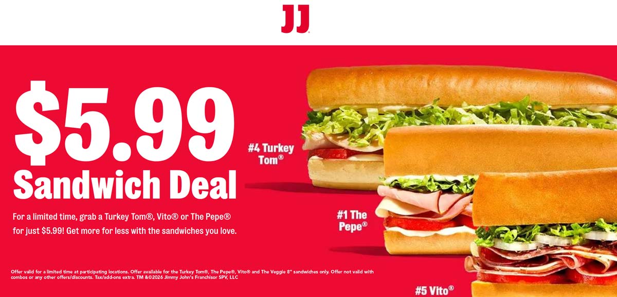 Jimmy Johns restaurants Coupon  $6 sandwich at Jimmy Johns #jimmyjohns 