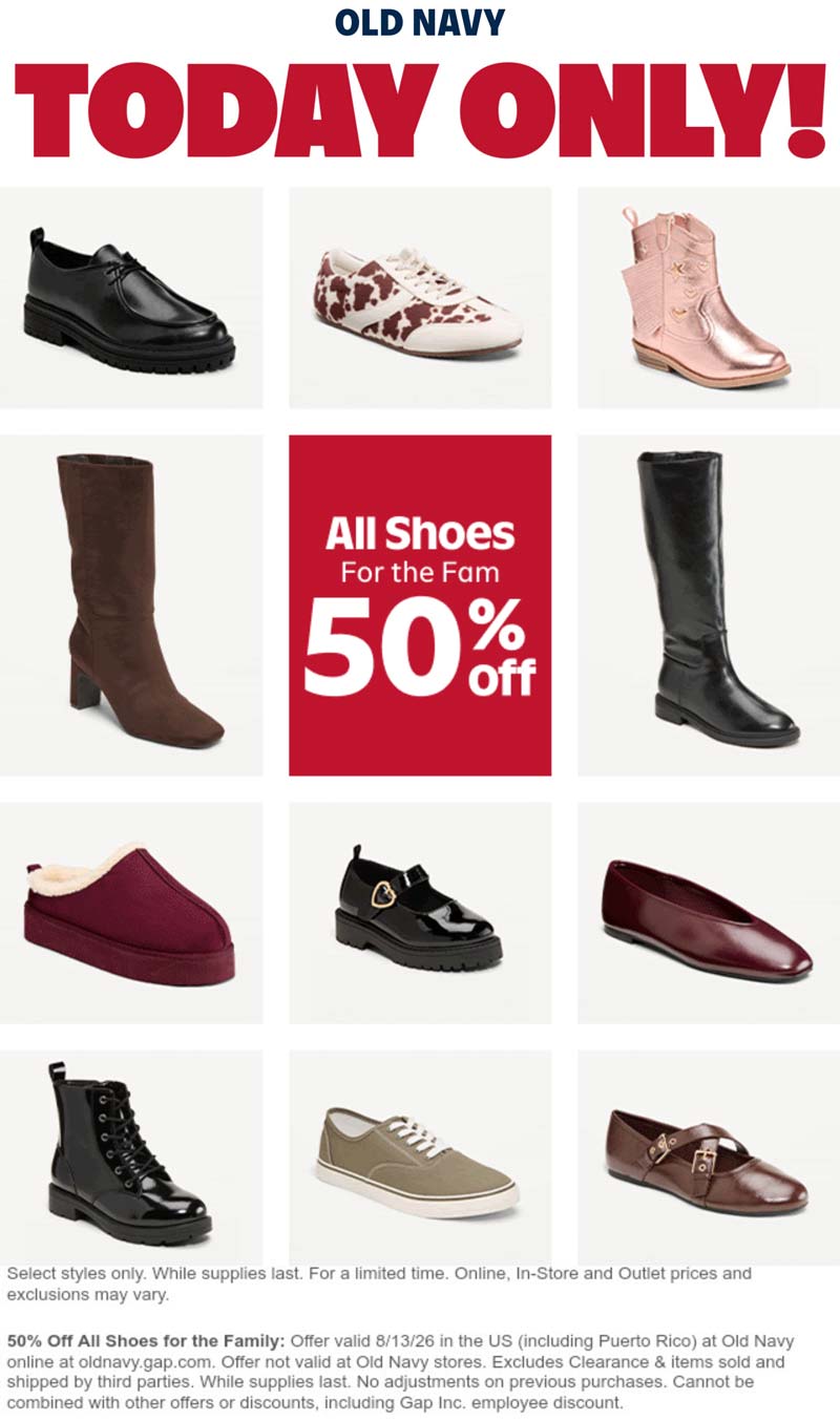 Old Navy stores Coupon  50% off shoes online today at Old Navy #oldnavy 