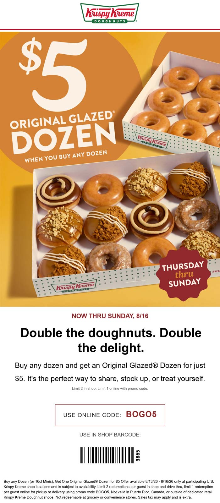 Krispy Kreme restaurants Coupon  Second dozen doughnuts for $5 at Krispy Kreme, or online via promo code BOGO5 #krispykreme 