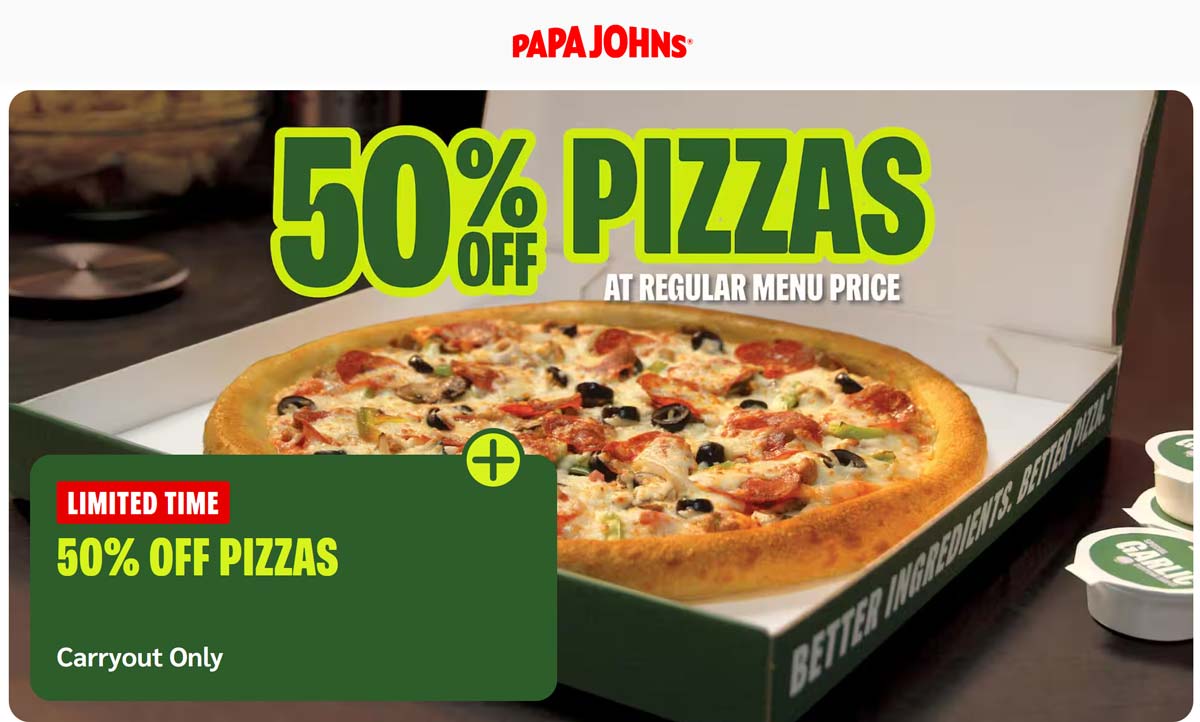 Papa Johns restaurants Coupon  50% off takeout pizza at Papa Johns #papajohns 