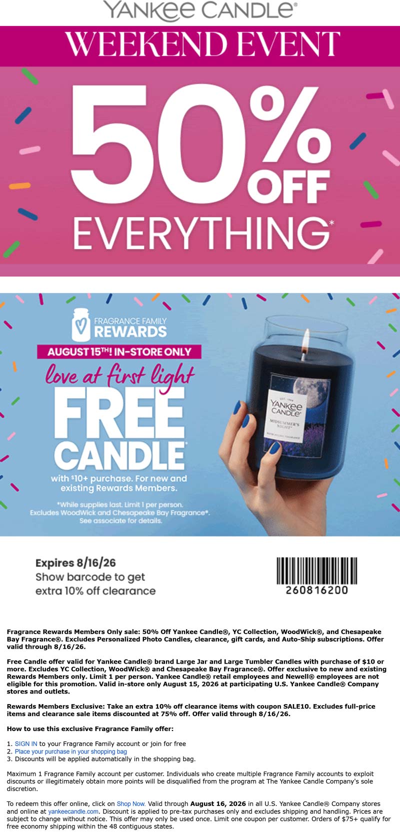 Yankee Candle stores Coupon  50% off everything + free candle on $10+ at Yankee Candle, or online via promo code SALE10 #yankeecandle 