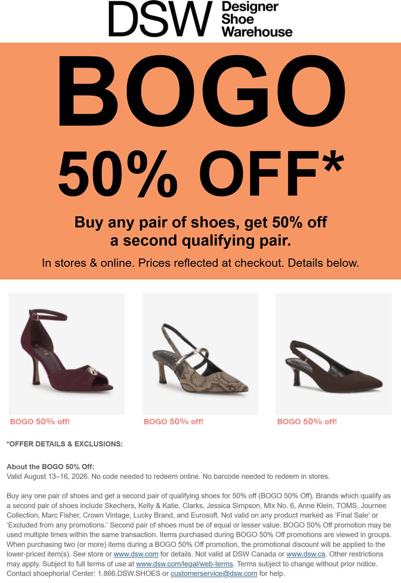 DSW stores Coupon  Second shoes 50% off today at DSW, ditto online #dsw 
