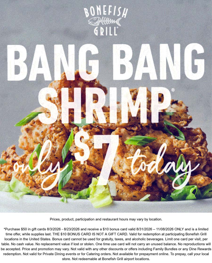 Bonefish Grill restaurants Coupon  $7 bang bang shrimp today at Bonefish Grill restaurants #bonefishgrill 