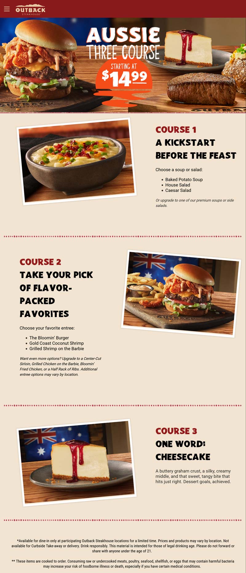 Outback Steakhouse restaurants Coupon  3-course meal = $15 today at Outback Steakhouse #outbacksteakhouse 