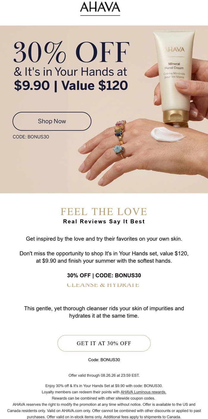 AHAVA stores Coupon  $120 hands set for $10 at AHAVA via promo code BONUS30 #ahava 