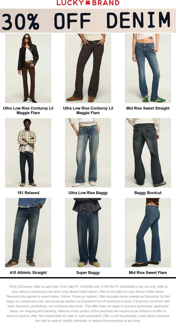 Lucky Brand stores Coupon  30% off denim at Lucky Brand, ditto online #luckybrand 