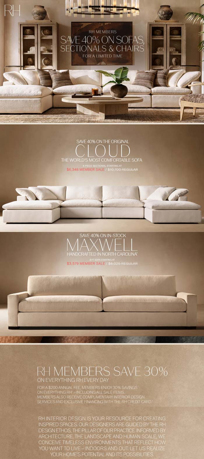 RH stores Coupon  40% off sofas & chairs at RH #rh 