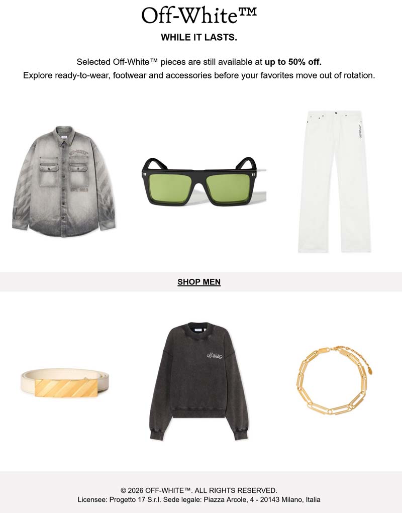 Off-White Summer gear is 30-50% off at Off-White #offwhite Off-White stores Coupon Summer gear is 30-50% off at Off-White #offwhite