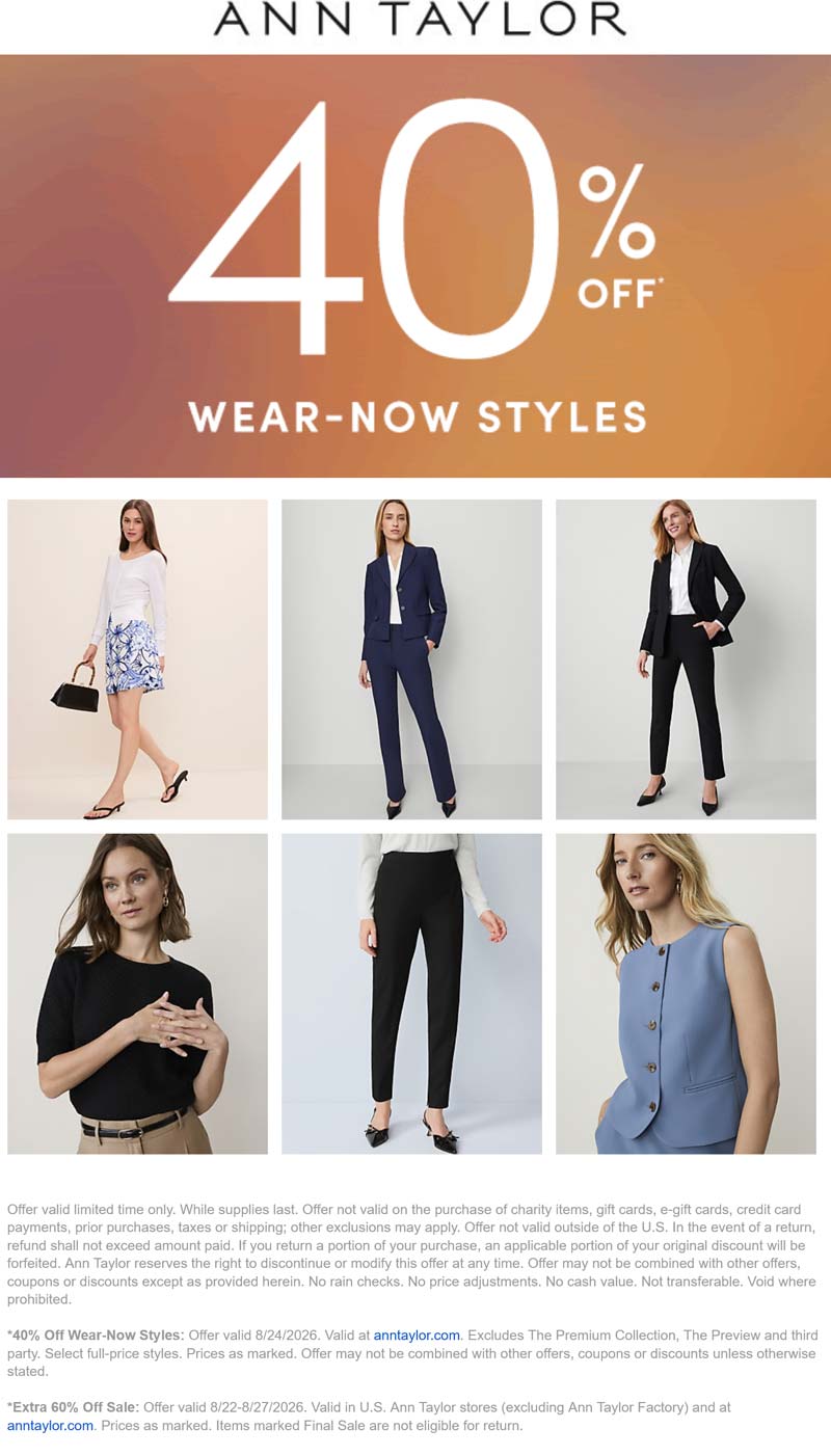 Ann Taylor stores Coupon  40% off online today at Ann Taylor #anntaylor 