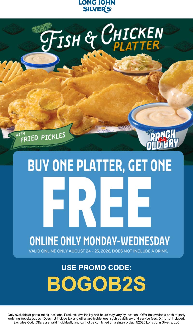 Long John Silvers restaurants Coupon  Second variety platter free at Long John Silvers restaurants via promo code BOGOB2S #longjohnsilvers 