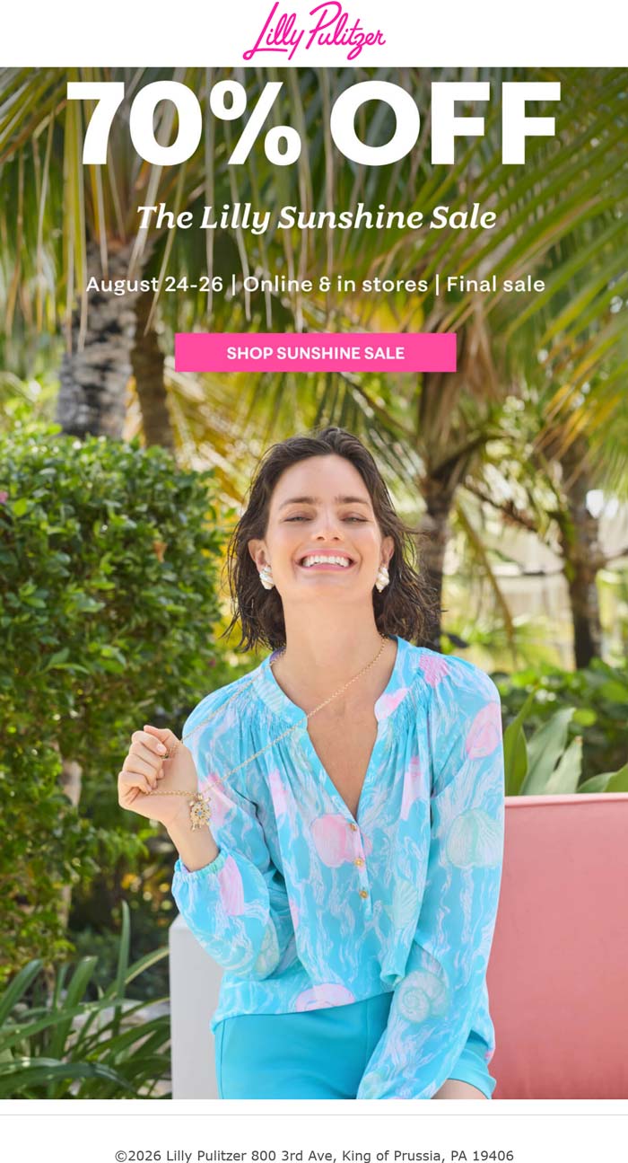 Lilly Pulitzer stores Coupon  70% off clearance at Lilly Pulitzer, ditto online #lillypulitzer 