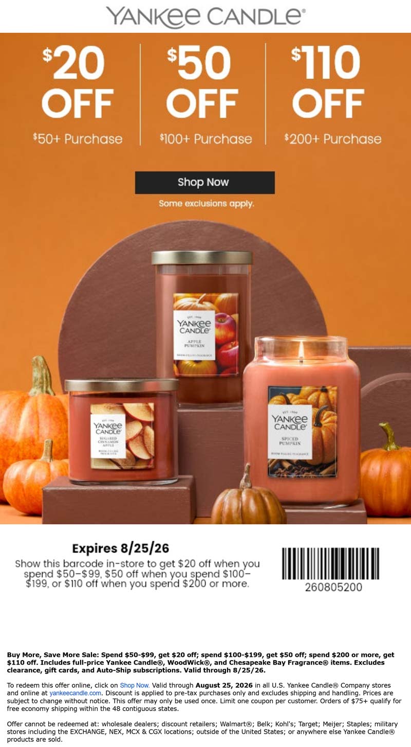 Yankee Candle stores Coupon  $20-$110 off $50+ at Yankee Candle, also online #yankeecandle 